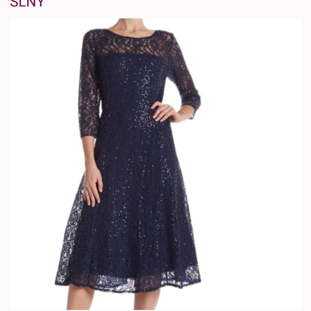 Elegant SLNY Navy Sequin Lace Midi Dress NWT! - Picture 8 of 8
